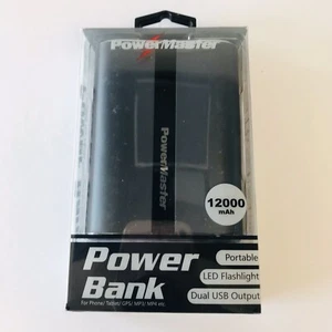 PowerMaster 12,000mAh LED Dual-USB Power Bank LED Flashlight Black NEW - Picture 1 of 5