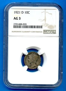 1921 D NGC AG3 Mercury Dime 10c Ten Cents US Mint Silver Coin 1921-D AG-03 - Picture 1 of 3