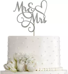 Silver Glitter Mr & Mrs Cake Topper - Wedding, Engagement, Wedding Anniversary C - Picture 1 of 6