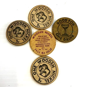 Vintage Lot of 5 Wooden Nickels ~  Tokens ~  [PI-x10-Sm] - Picture 1 of 6