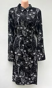 SPORTSCRAFT Black & White Line Floral Print Button Long Sleeve Shirt Dress sz 16 - Picture 1 of 12