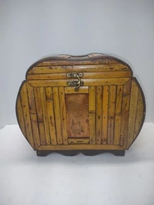 Vintage Wood split bamboo storage trunk chest with stamped copper accent boho - Picture 1 of 11