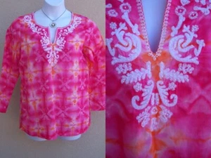 J Jill Cotton Tunic Top shirt size PM Petite M pink orange white tie dye blouse - Picture 1 of 12