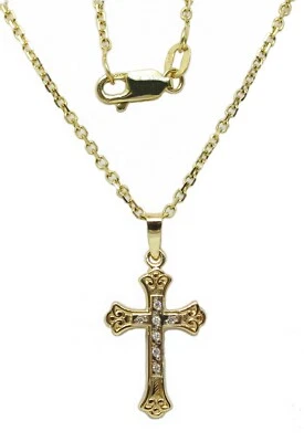 Женское твердое 14K желтое золото паве натуральный бриллиант крест подвеска ожерелье 19,0" - Изображение 1 из 4