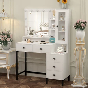 11 Light Bulbs LED Mirror Bedroom Makeup Vanity Dresser Table Desk with 5Drawers - Picture 1 of 9