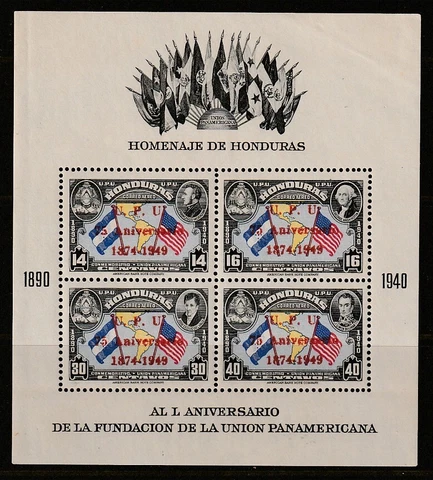 Honduras    1940    Sc # C 99    UPU    Sheet of 4    MNH    OG Cover