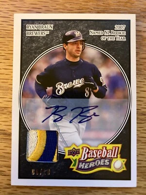 2008 Upper Deck Baseball Heroes Ryan Braun Three Color Patch  Auto 06/10 Brewers - Image 1 of 2