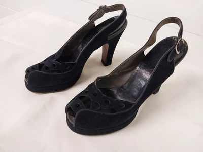 Vintage 1940s Judy Lee Debs Blue Suede Sling Back 3 1/2 to 4 inch Heels – Size 6 - Image 1 of 4