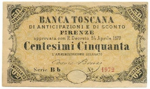50 CENTESIMI BANCA TOSCANA ANTICIPAZIONE SCONTO FIRENZE SERIALE Bb 1972 1870 SUP - Picture 1 of 6