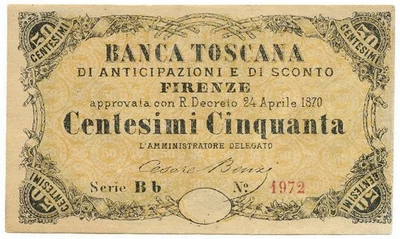 50 CENTESIMI BANCA TOSCANA ANTICIPAZIONE SCONTO FIRENZE SERIALE Bb 1972 1870 SUP - Image 1 of 4