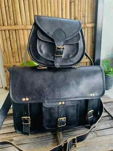 Genuine Vintage Black Leather Messenger Bag Shoulder Laptop Gift For Girlfriend - Picture 1 of 6