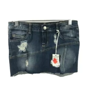 Soho Babe Love Junior's Blue Demin Mini Skirt Distressed Fringe Hem Size Medium - Picture 1 of 4
