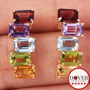 Estate Citrine Peridot Topaz 14K Gold "J" Hoop Earrings 3.5 Grams NR - Picture 1 of 5
