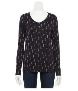 NWT Croft & Barrow CANDY CANE PRINT Cotton Classic Tee V Neck Women Size SMALL - Picture 1 of 1