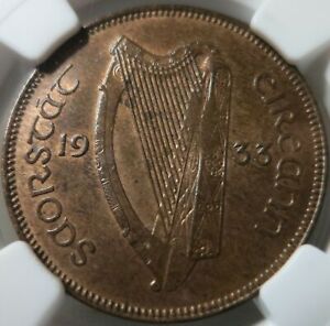 IRELAND Eire 1/2 penny 1933 NGC MS 62 BN UNC Pig KEY DATE