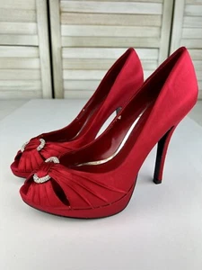 ALDO Womens Rhinestones Peep Toe Red Satin Platform Holiday Heel Pumps Sz 6.5 - Picture 1 of 11