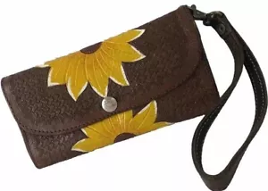 Leather Sunflower Wristlet Wallet Clutch Bag Hand Painted Tooled Vintage - Picture 1 of 18