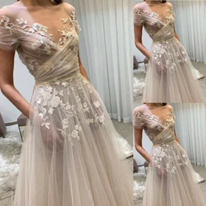 Champagne Boho Wedding Dresses Beach Off The Shoulder Side Pockets Bridal Gowns - Picture 1 of 8