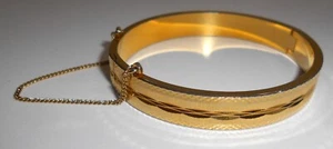 Beautiful! Gold Bangle Bracelet Hinged With Safety Chain Etched Design - Picture 1 of 3