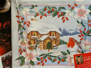 Herzlich Willkommen! Winterhaus mit Rotkehlchen Weihnachten Kreuzstich Design Tabelle - Bild 1 von 2