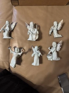 Vintage Dresden Germany Blue Grey W/gold Trim Set Of 6 Angels Playing Instrument - Picture 1 of 8