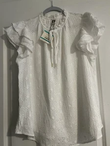 Anne Klein Wm’s White Eyelet Top Short Ruffle Sleeve/Drawstring Neck Tie/0XL NWT - Picture 1 of 21