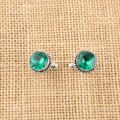 925 Silver Lab Green Emerald Gemstone Business Formal Cyber Monday Cufflinks - Image 1 of 4