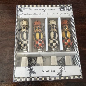 Mackenzie Childs Stacking Pumpkin Canapé KNIFE Cheese Royal Check Knives Set NEW - Picture 1 of 8
