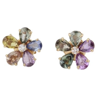 Pendientes Bulgari con flores de diamantes de zafiro de oro amarillo de 18 quilates Foto 1 de 4