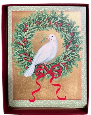 Caspari Christmas Holiday White Dove Wreath 16 Cards Envelopes Gold Red NIB - Image 1 of 4