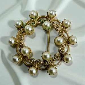 Vintage Gold Tone Filigree Circle Brooch with Faux Pearls – Ornate Scroll Design - Picture 1 of 6
