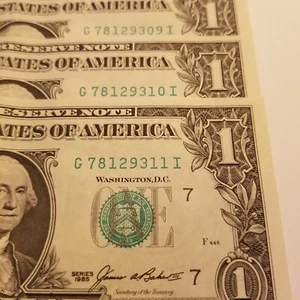 Sequential 1985 $1 Dollar Bill (Lot) Fancy Serial Number in Order G Chicago BEP - Picture 1 of 10
