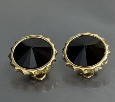 Swarovski Swan Gold Plated Faceted Black Rivoli Crystal Clip On Earrings 0.75” - Image 1 of 4