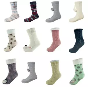 Ladies Chunky Lounge Slipper Socks Boots Fluffy Lining Non Slip Soles Gift 4-8 - Picture 1 of 27
