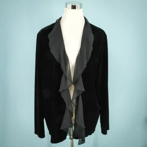 Chico's 3 Size XL Traveler's Black Velvet Ruffle Open Front Cardigan Jacket - Picture 1 of 6