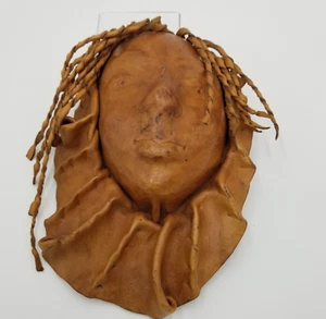 Leather Sculptured Girls Face Wall Art Hanging Mask Brown Ethnic Twisted Hair 3D - Picture 1 of 5
