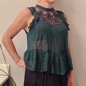 Free People Sexy Dark Green Sheer Top Medium Sleeveless Paisley Lightweight   - Picture 1 of 8