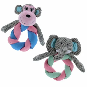 Braided Ring Dog Toys Soft Cuddle Corduroy Squeaker Choose Elephant or Monkey 8" - Picture 1 of 14