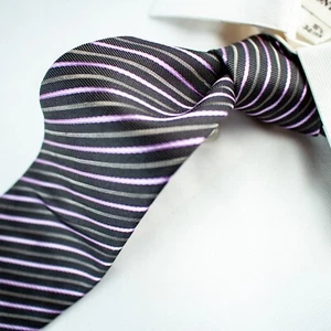 HUGO BOSS Italy New Black Gray Lavender Striped Silk Skinny Necktie 59"L x 3"W - Picture 1 of 9