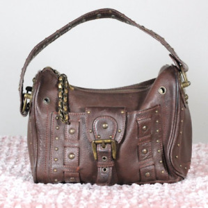 BETSEY JOHNSON RARE! Brown 100% Leather Studded SMALL Shoulder Bag Purse *AS IS