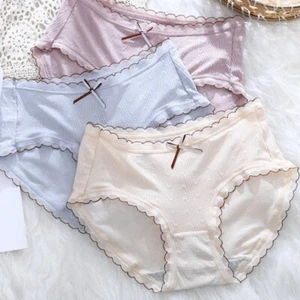 Mid Waist Lace Printed Briefs Bowknot Women Underwear Bow Panties Daily - Picture 1 of 18