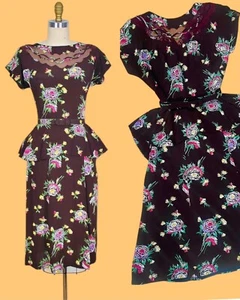 Vintage 1940s ROSE Print Floral Belted Rayon Dress Mesh Sheer Cutout Pinup SMALL - Picture 1 of 11