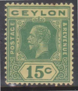 (F265-65) 1912 Ceylon 15c green & yellow KGV stamp MH (BU) - Foto 1 di 1