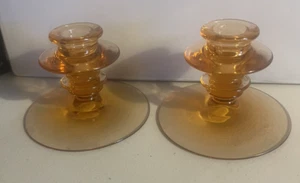 Vintage Fostoria Glas Pfirsich Depression Niedrig Kerzenständer Paar - Bild 1 von 8