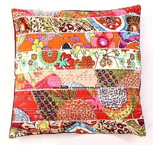 Patchwork Kantha 16" PILLOW Cushion Cover Cotton Embroidered Throw INDIEN PILLOW - Picture 1 of 3