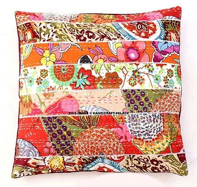 Patchwork Kantha 16" PILLOW Cushion Cover Cotton Embroidered Throw INDIEN PILLOW - Image 1 of 3