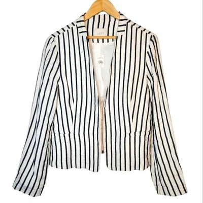 LOFT Linen White Black Striped Blazer Jacket Nautical Beach Woven Cottagecore L - Image 1 of 4