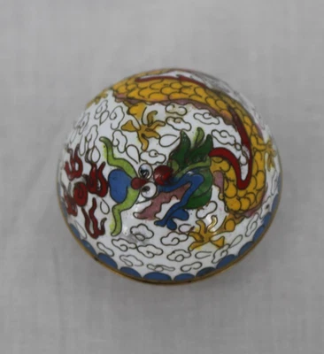 Cloisonne Dragon Round Lidded Trinket Pill Box Blue Enamel Brass Cloud Motif - Image 1 of 4
