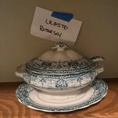 Antique Rothesay Gravy Tureen Ladle and Underplate Blue White Floral - Image 1 of 4