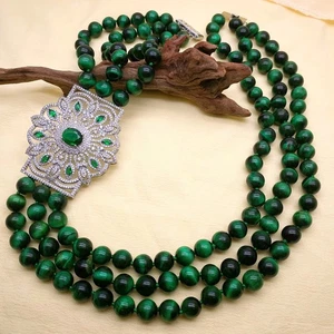 3 Rows Natural Green Tiger Eye Chunky Big Cz Pave PendantNecklace For Women - Picture 1 of 4